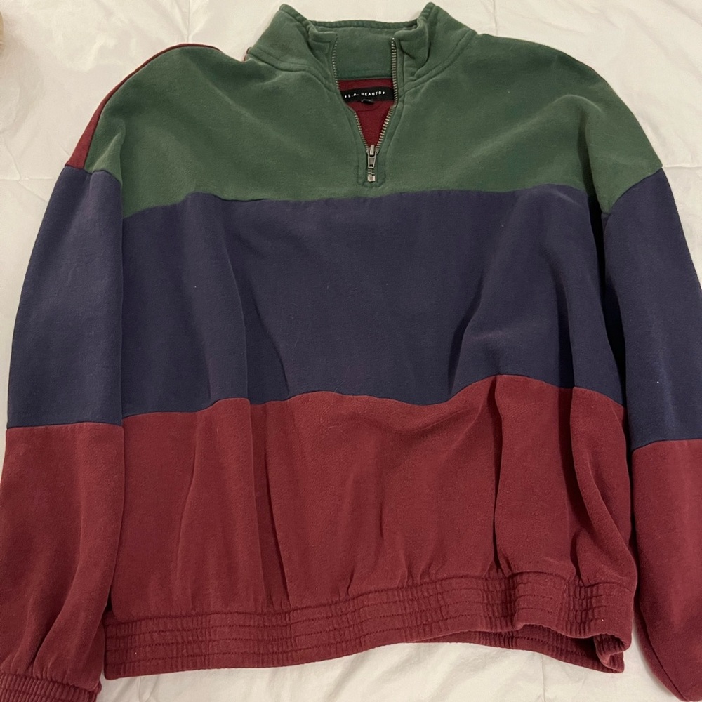 La Hearts Colorblock Crop Half Zip Pullover in Green/ Red/ Blue